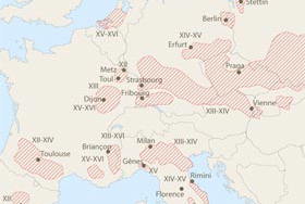 Cartina dell'espansione dei movimenti valdesi nel Medio Evo 